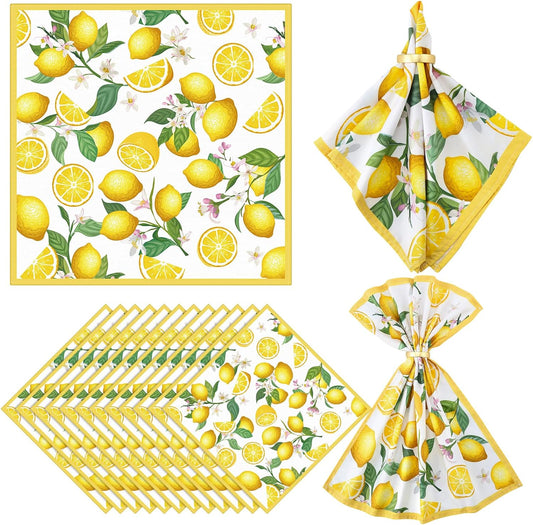 12 Pcs Lemon Cloth Napkins Lemon 20"x20" Washable Dinner Tea Party Napkins for Kitchen Party Wedding Restaurant Indoor Outdoor Botanical Fresh Spring Summer