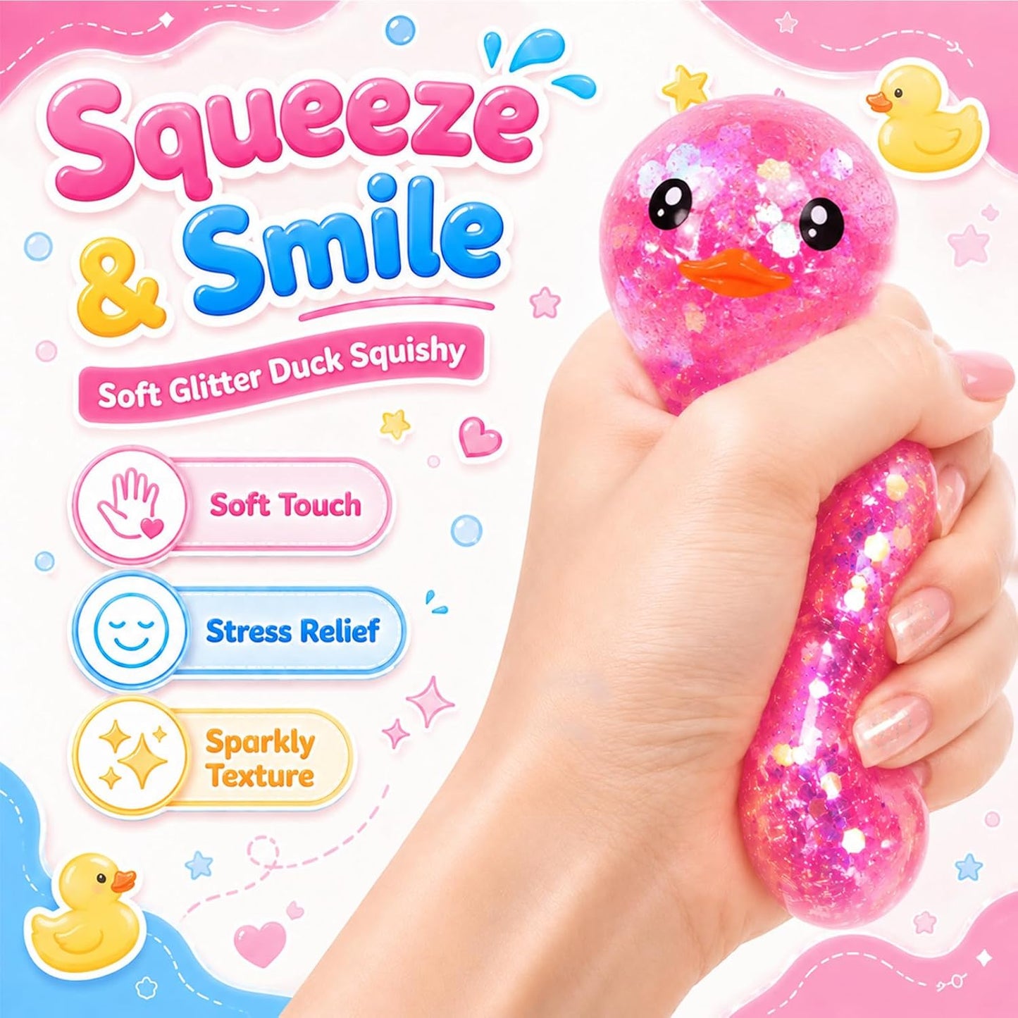 4 Pack Duck Squishy Squeeze Toy,Stretchable Sensory Fidget Stress Balls | Stress Anxiety Relief,Sequins Filled,Soft TPR,Pocket Size,Office Desk Toy,Party Favors & Holiday Gifts for Teens and Adults