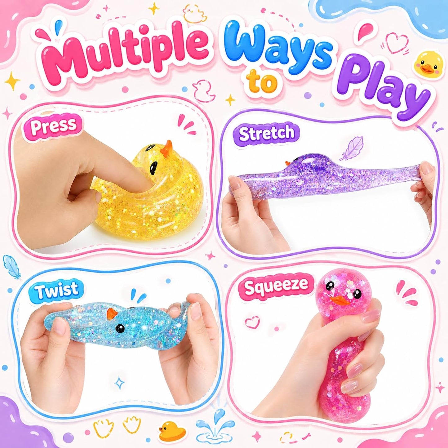 4 Pack Duck Squishy Squeeze Toy,Stretchable Sensory Fidget Stress Balls | Stress Anxiety Relief,Sequins Filled,Soft TPR,Pocket Size,Office Desk Toy,Party Favors & Holiday Gifts for Teens and Adults