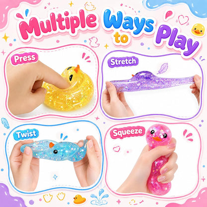 4 Pack Duck Squishy Squeeze Toy,Stretchable Sensory Fidget Stress Balls | Stress Anxiety Relief,Sequins Filled,Soft TPR,Pocket Size,Office Desk Toy,Party Favors & Holiday Gifts for Teens and Adults
