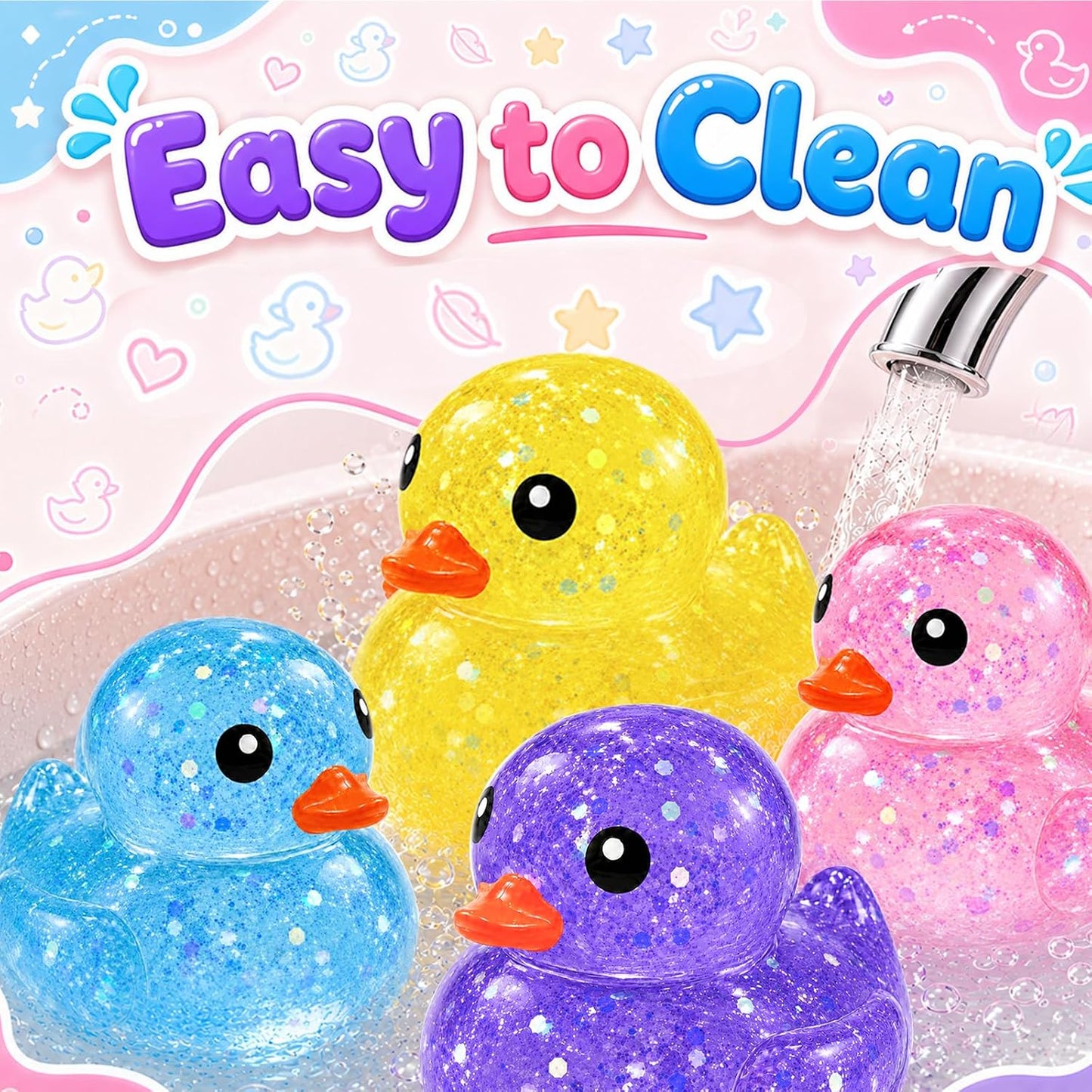4 Pack Duck Squishy Squeeze Toy,Stretchable Sensory Fidget Stress Balls | Stress Anxiety Relief,Sequins Filled,Soft TPR,Pocket Size,Office Desk Toy,Party Favors & Holiday Gifts for Teens and Adults