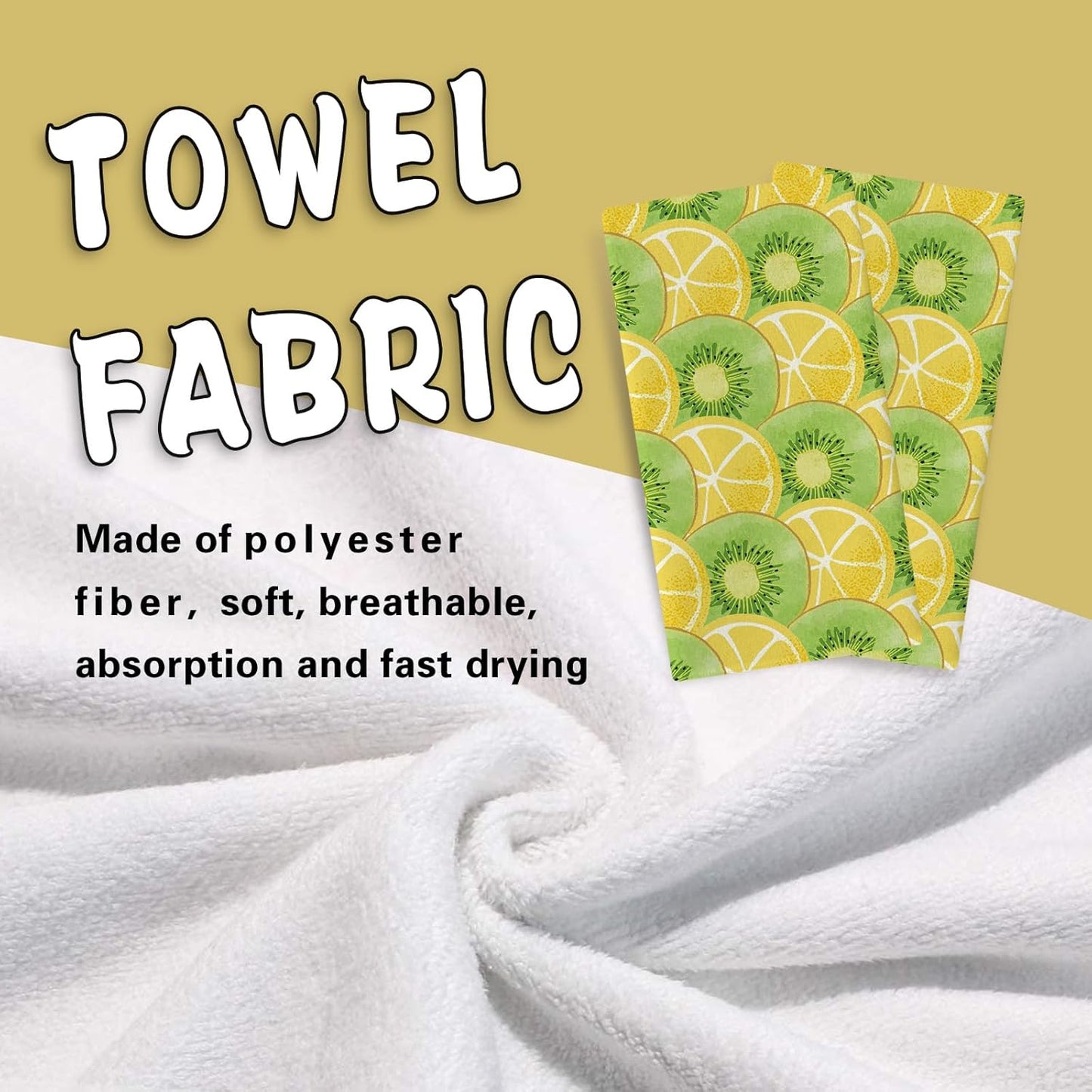 Lemon Kiwi Kitchen Dish Towels Set of 2, Yellow Green Citrus Fruit Slice Drying Hand Towel Baking Cooking Cloth, Farmhouse Summer Bathroom Home Decoration 18'' x 26''