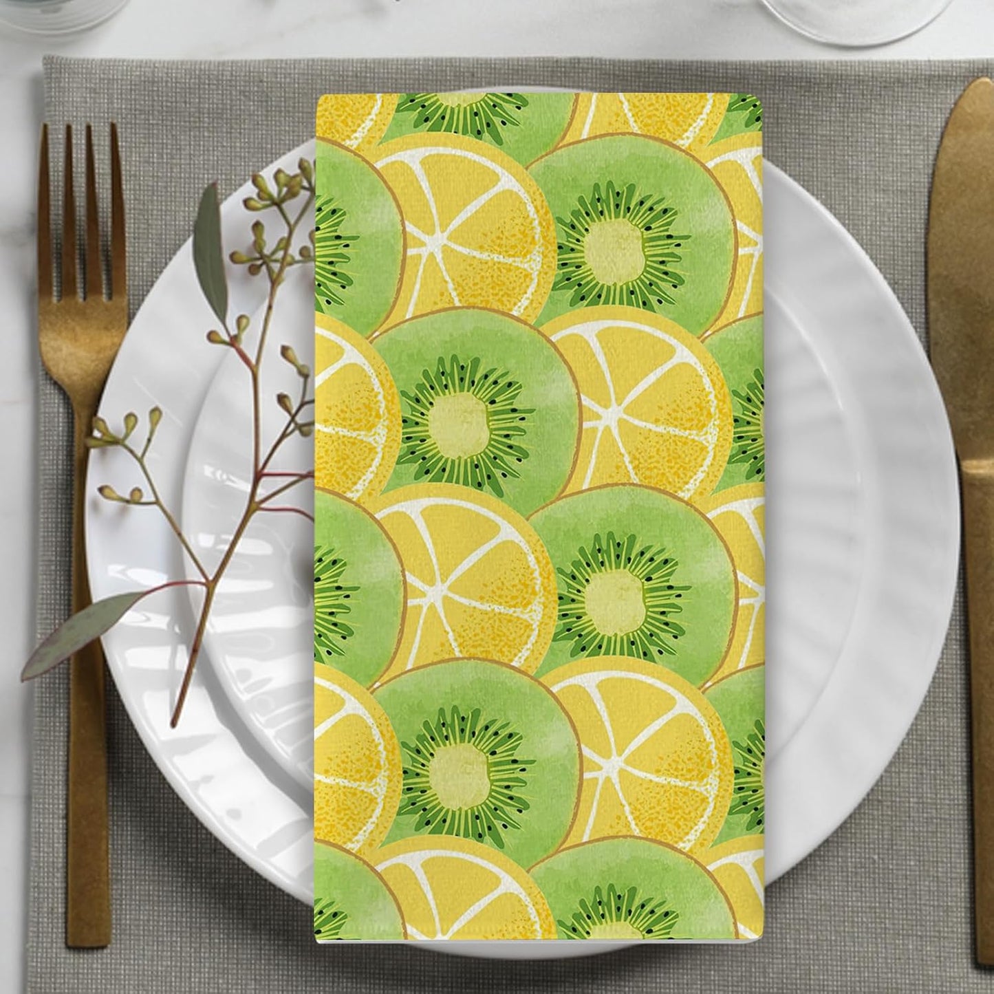 Lemon Kiwi Kitchen Dish Towels Set of 2, Yellow Green Citrus Fruit Slice Drying Hand Towel Baking Cooking Cloth, Farmhouse Summer Bathroom Home Decoration 18'' x 26''