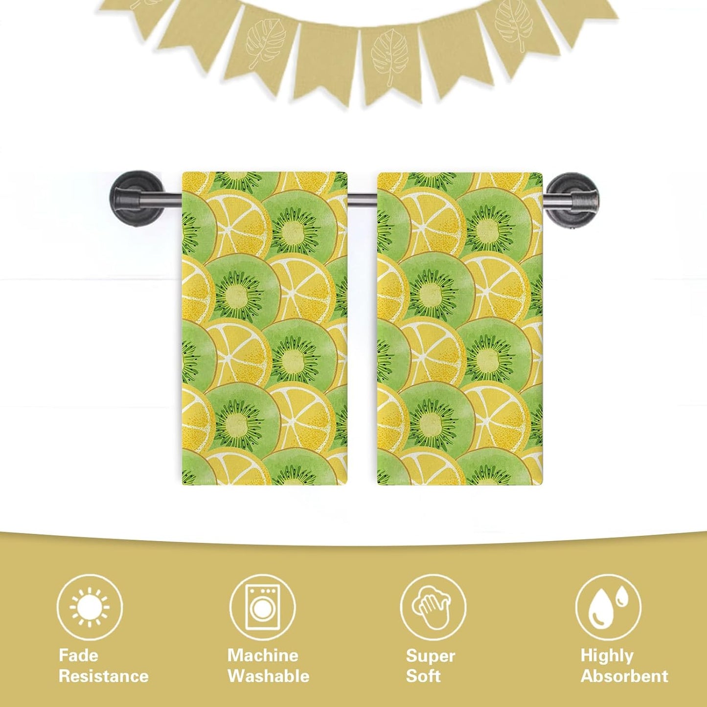 Lemon Kiwi Kitchen Dish Towels Set of 2, Yellow Green Citrus Fruit Slice Drying Hand Towel Baking Cooking Cloth, Farmhouse Summer Bathroom Home Decoration 18'' x 26''