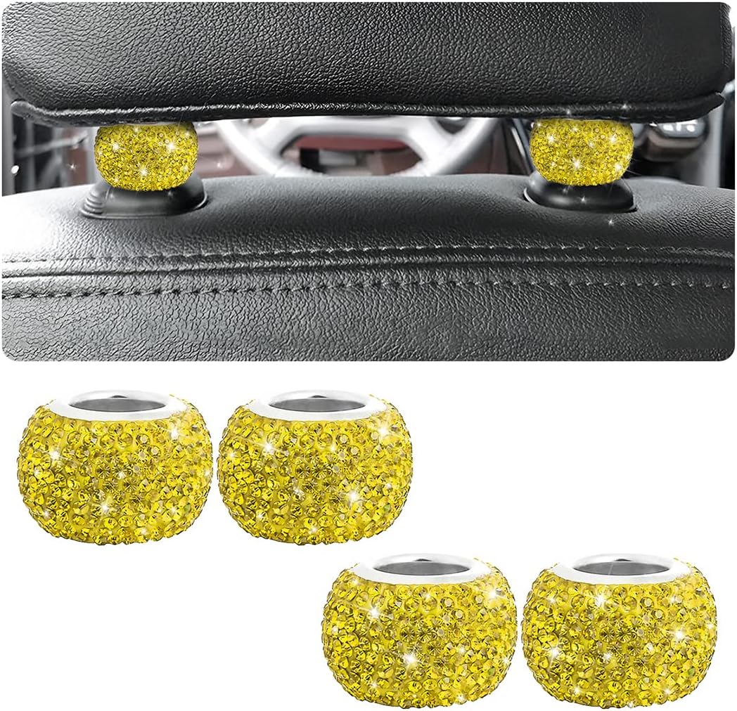 4 Pack Car Headrest Collars, Bling Car Head Rest Collars Rings Decor, Rhinestone Car Head Rest Collars, Diamond Interior Car Seat Accessory (Yellow)
