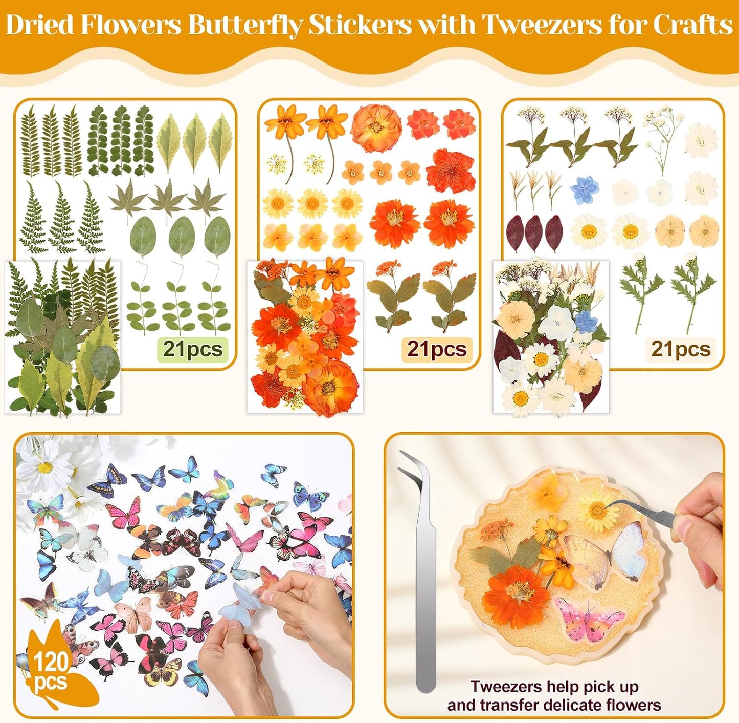 318 PCS Pressed Flowers Butterfly Stickers for Craft, Real Dried Pressed Flowers Bulk Natural Dry Flowers Floral with DIY Butterfly Stickers Tweezers for Art, Resin Mold, Candles, Soap, Jewelry Making
