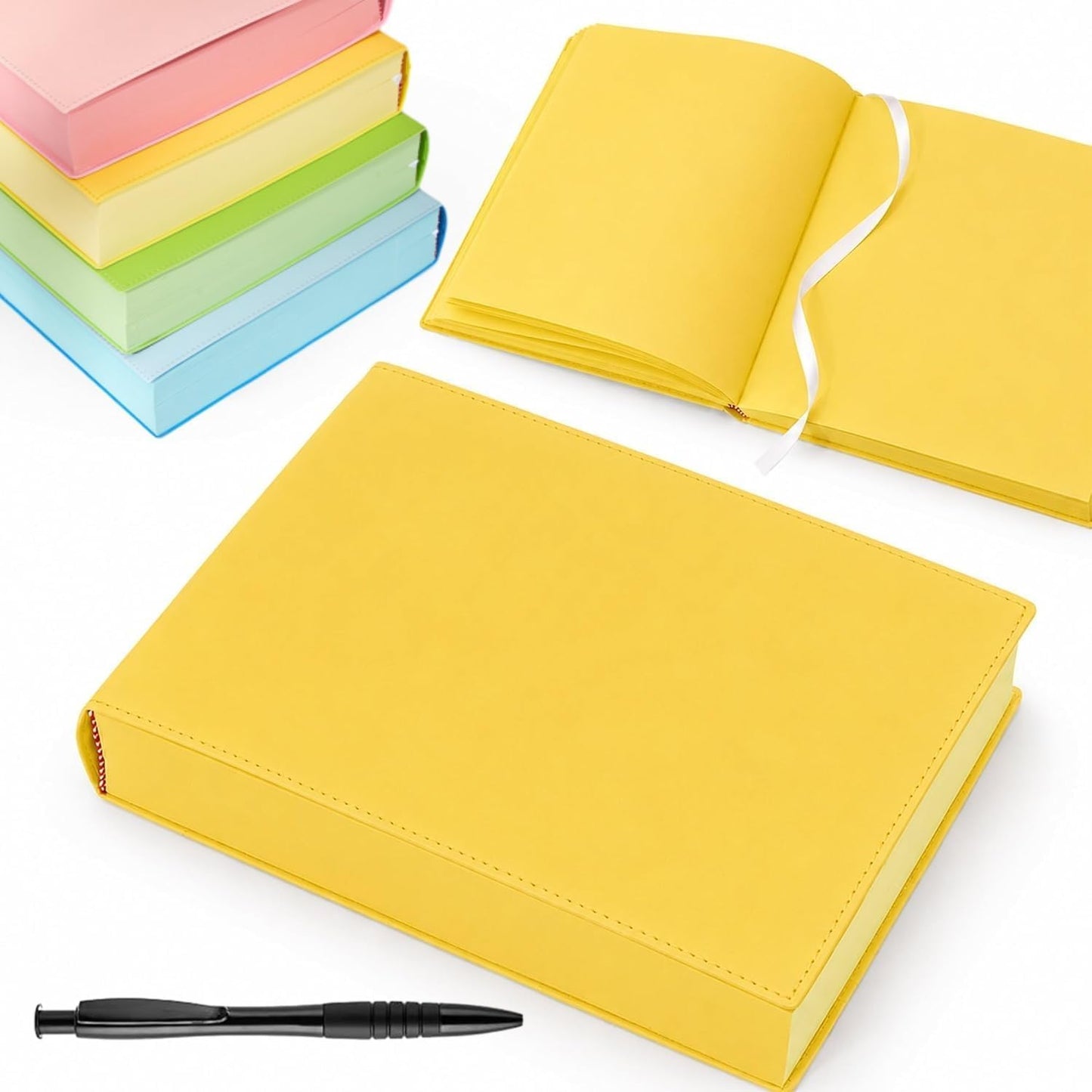 Thickened Color Brick Notebook, PU Leather Cover A5 720 Hardcover Journal, Solid Color Pages Thick Paper Ribbon Bookmark with Elastic Pen Holder Band,Cute Diary Planner for School Office Study (Yellow)