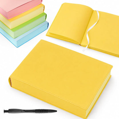 Thickened Color Brick Notebook, PU Leather Cover A5 720 Hardcover Journal, Solid Color Pages Thick Paper Ribbon Bookmark with Elastic Pen Holder Band,Cute Diary Planner for School Office Study (Yellow)