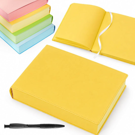Thickened Color Brick Notebook, PU Leather Cover A5 720 Hardcover Journal, Solid Color Pages Thick Paper Ribbon Bookmark with Elastic Pen Holder Band,Cute Diary Planner for School Office Study (Yellow)