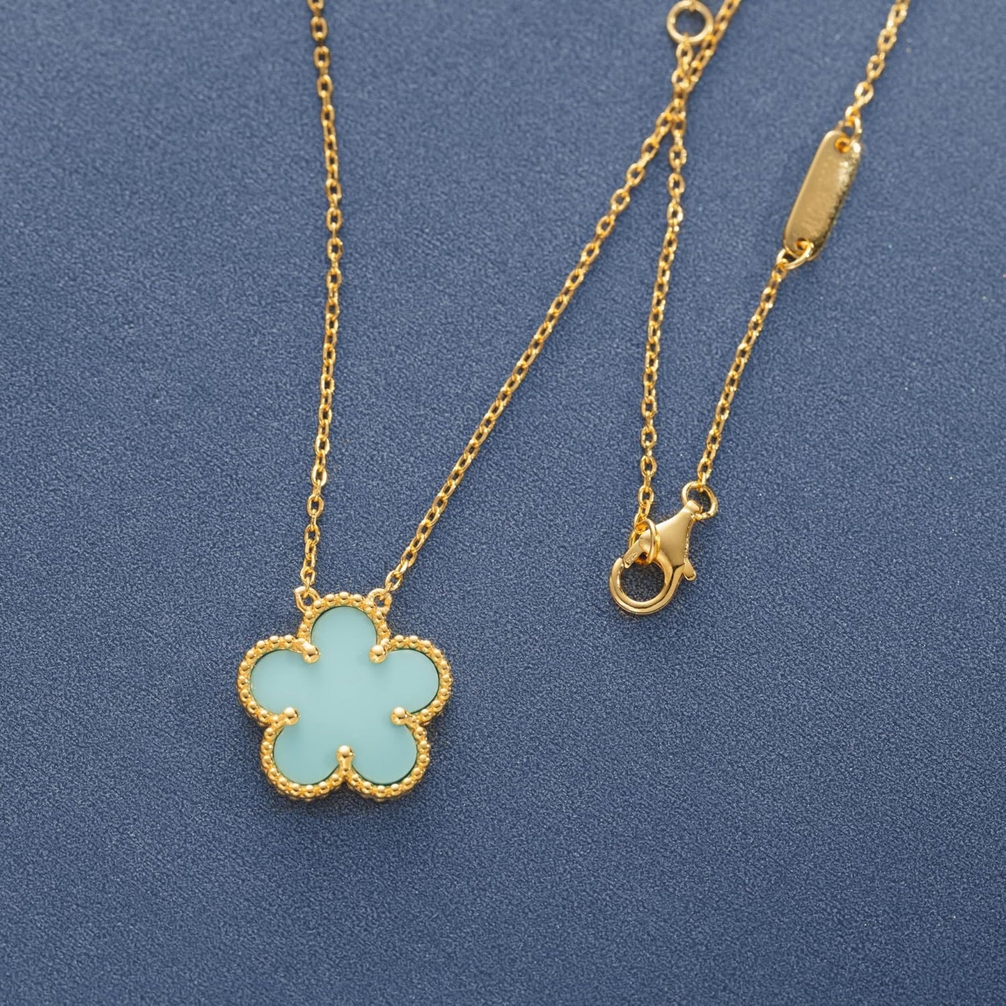 925 Sterling Silver 14K Yellow Gold Plated Hawaiian Plumeria Clover Flower Motif Beaded Necklace Pendant 16" + 2" Adjustable Chain, Nickle Free Hypoallergenic for Sensitive Skin, with Gift Box