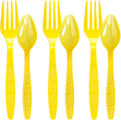 Plastic Forks and Spoons Heavy Duty, Yellow Disposable Plastic Silverware Set for Party Supplies 96PCS