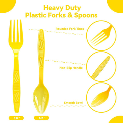 Plastic Forks and Spoons Heavy Duty, Yellow Disposable Plastic Silverware Set for Party Supplies 96PCS