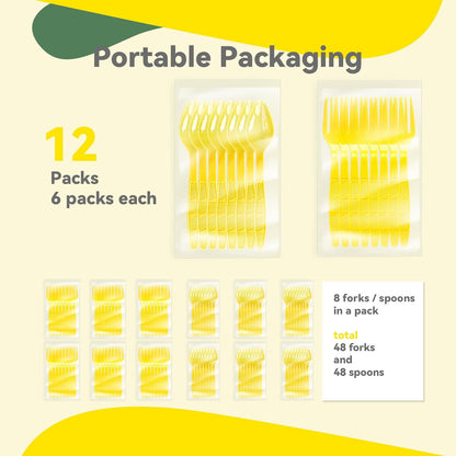 Plastic Forks and Spoons Heavy Duty, Yellow Disposable Plastic Silverware Set for Party Supplies 96PCS