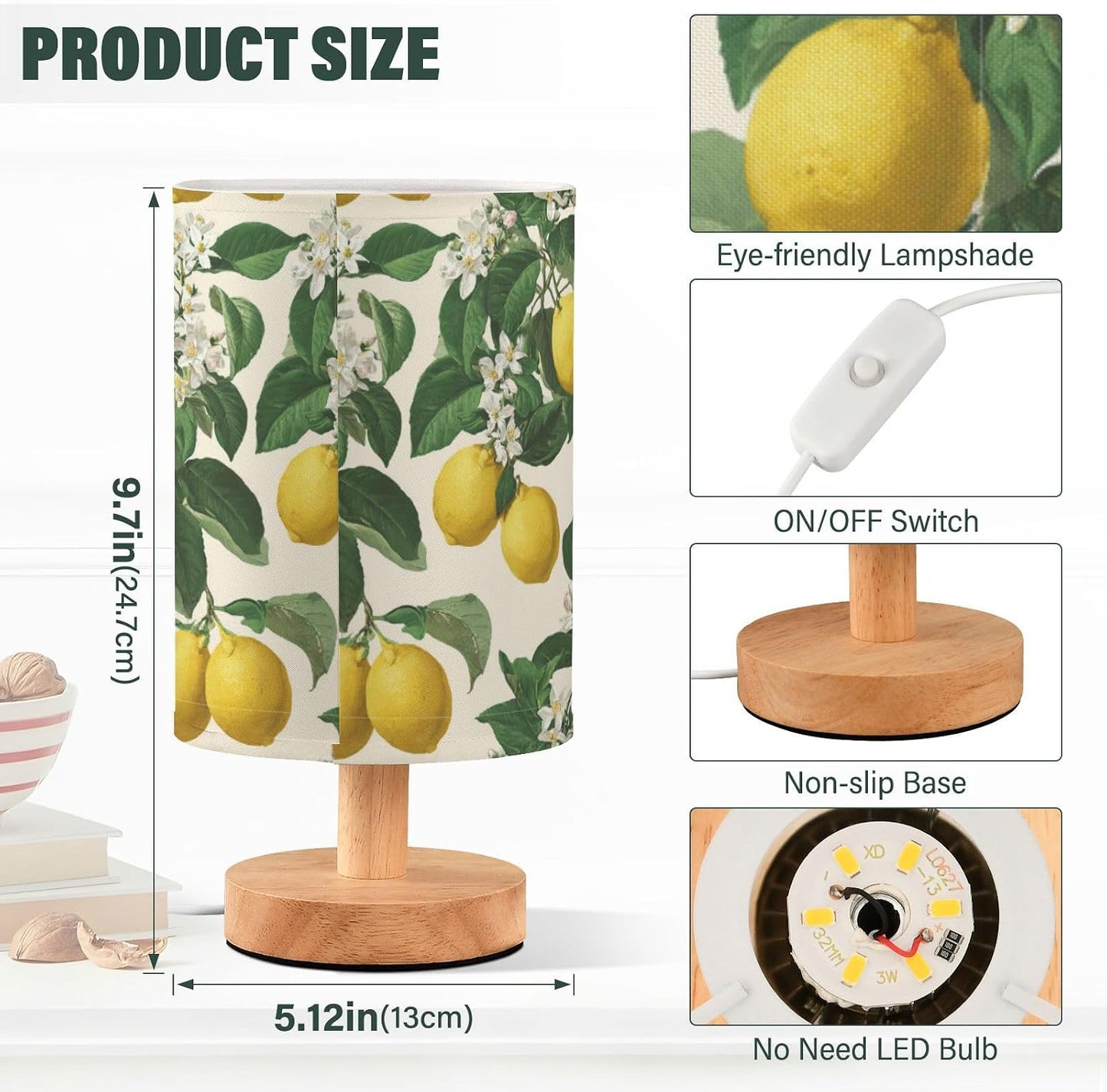 Bedside Table Lamp Lemon Yellow Citrus Fruits (111) Kids Nightstand Lamp Night Light Fabric Shade for Bedroom Living Room Home Office