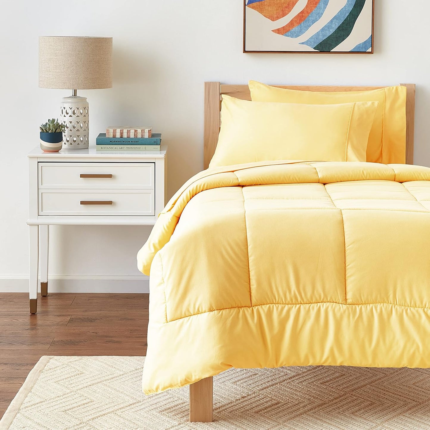 5 Piece Comforter Set Bag Solid Color All Season Soft Down Alternative Blanket & Luxurious Microfiber Bed Sheets, Yellow, Twin