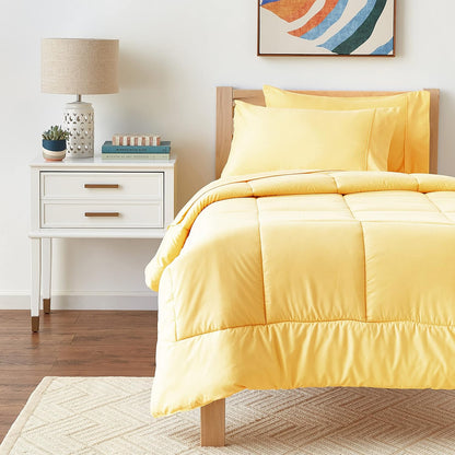 5 Piece Comforter Set Bag Solid Color All Season Soft Down Alternative Blanket & Luxurious Microfiber Bed Sheets, Yellow, Twin