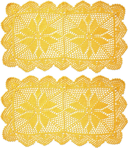 12 in x 21 in Handmade Crochet Table Runner Lace Doilies Doily Rectangle Dresser Scarves Kitchen Tablecloth (Rectangle-2PCS, Yellow)