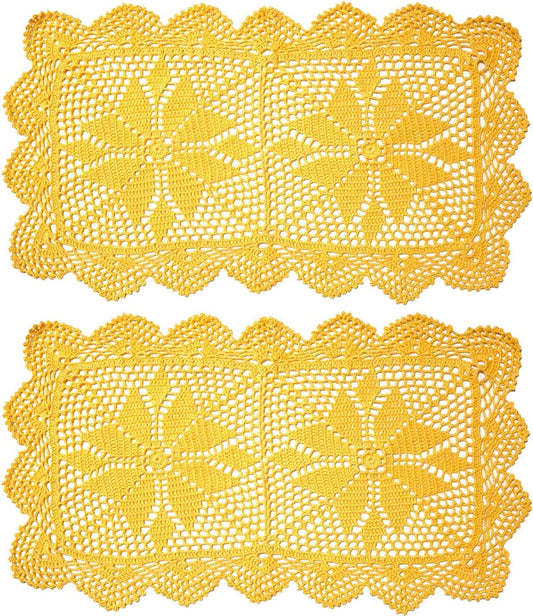 12 in x 21 in Handmade Crochet Table Runner Lace Doilies Doily Rectangle Dresser Scarves Kitchen Tablecloth (Rectangle-2PCS, Yellow)