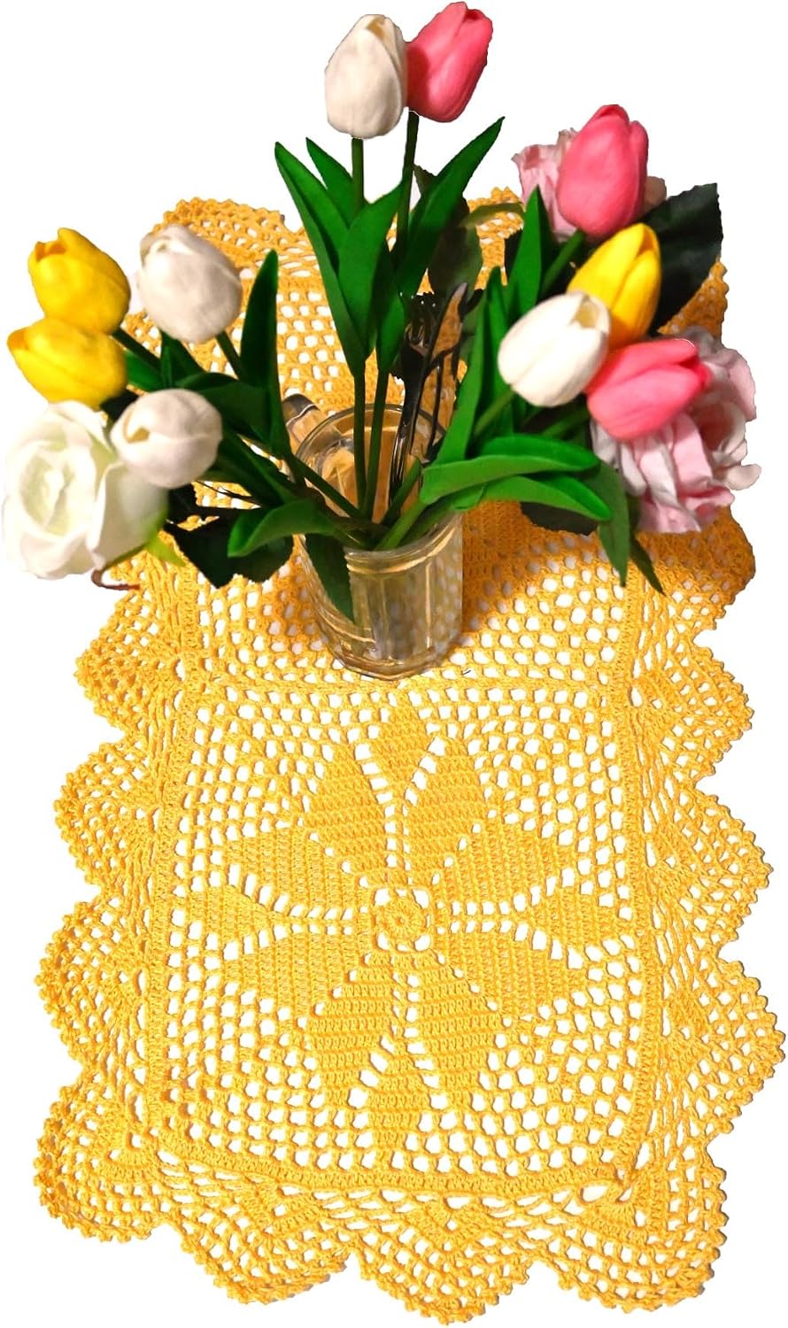 12 in x 21 in Handmade Crochet Table Runner Lace Doilies Doily Rectangle Dresser Scarves Kitchen Tablecloth (Rectangle-2PCS, Yellow)