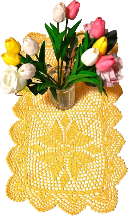 12 in x 21 in Handmade Crochet Table Runner Lace Doilies Doily Rectangle Dresser Scarves Kitchen Tablecloth (Rectangle-2PCS, Yellow)