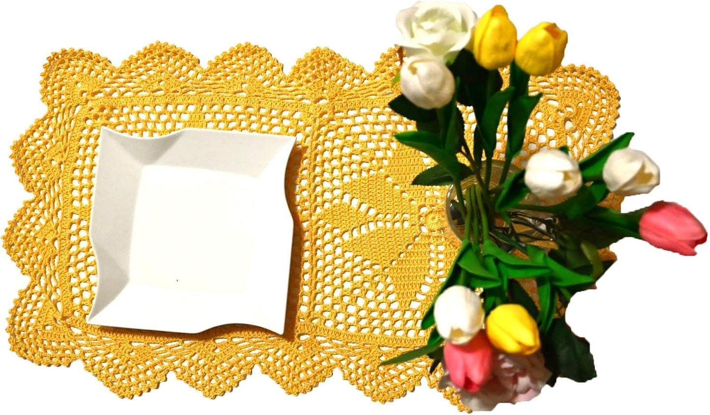 12 in x 21 in Handmade Crochet Table Runner Lace Doilies Doily Rectangle Dresser Scarves Kitchen Tablecloth (Rectangle-2PCS, Yellow)