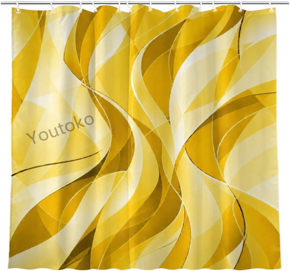 Abstract Yellow Shower Curtain Modern Wavy Lines Gradient Fabric 72x72 with 12 Hooks Neutral Aesthetic Waterproof Washable Polyester Bathroom Decor