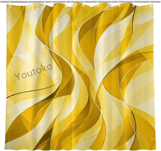 Abstract Yellow Shower Curtain Modern Wavy Lines Gradient Fabric 72x72 with 12 Hooks Neutral Aesthetic Waterproof Washable Polyester Bathroom Decor