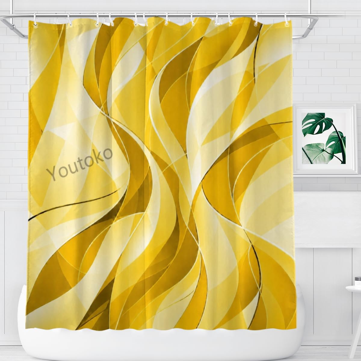 Abstract Yellow Shower Curtain Modern Wavy Lines Gradient Fabric 72x72 with 12 Hooks Neutral Aesthetic Waterproof Washable Polyester Bathroom Decor