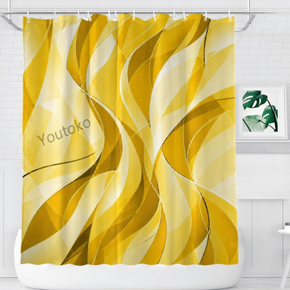 Abstract Yellow Shower Curtain Modern Wavy Lines Gradient Fabric 72x72 with 12 Hooks Neutral Aesthetic Waterproof Washable Polyester Bathroom Decor