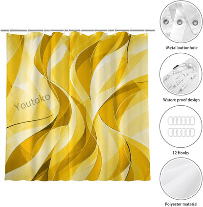 Abstract Yellow Shower Curtain Modern Wavy Lines Gradient Fabric 72x72 with 12 Hooks Neutral Aesthetic Waterproof Washable Polyester Bathroom Decor
