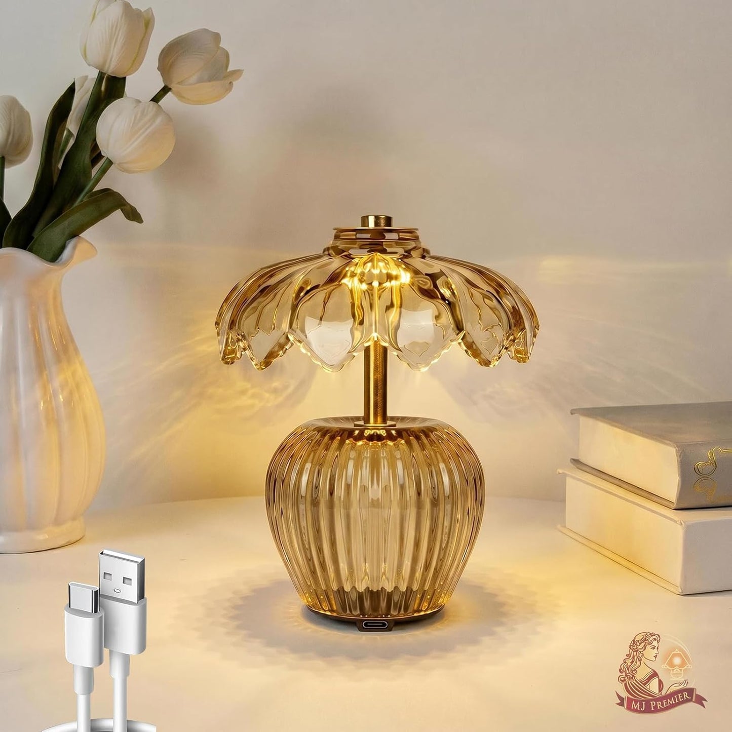 Rechargeable Table Lamp, Cordless Lamp with Timer, Crystal Glass Flower Lampshade, Small Table Lamps, Decorative Led Light for Bedroom Living Room Shelf (Yellow)