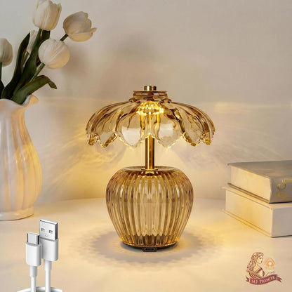 Rechargeable Table Lamp, Cordless Lamp with Timer, Crystal Glass Flower Lampshade, Small Table Lamps, Decorative Led Light for Bedroom Living Room Shelf (Yellow)