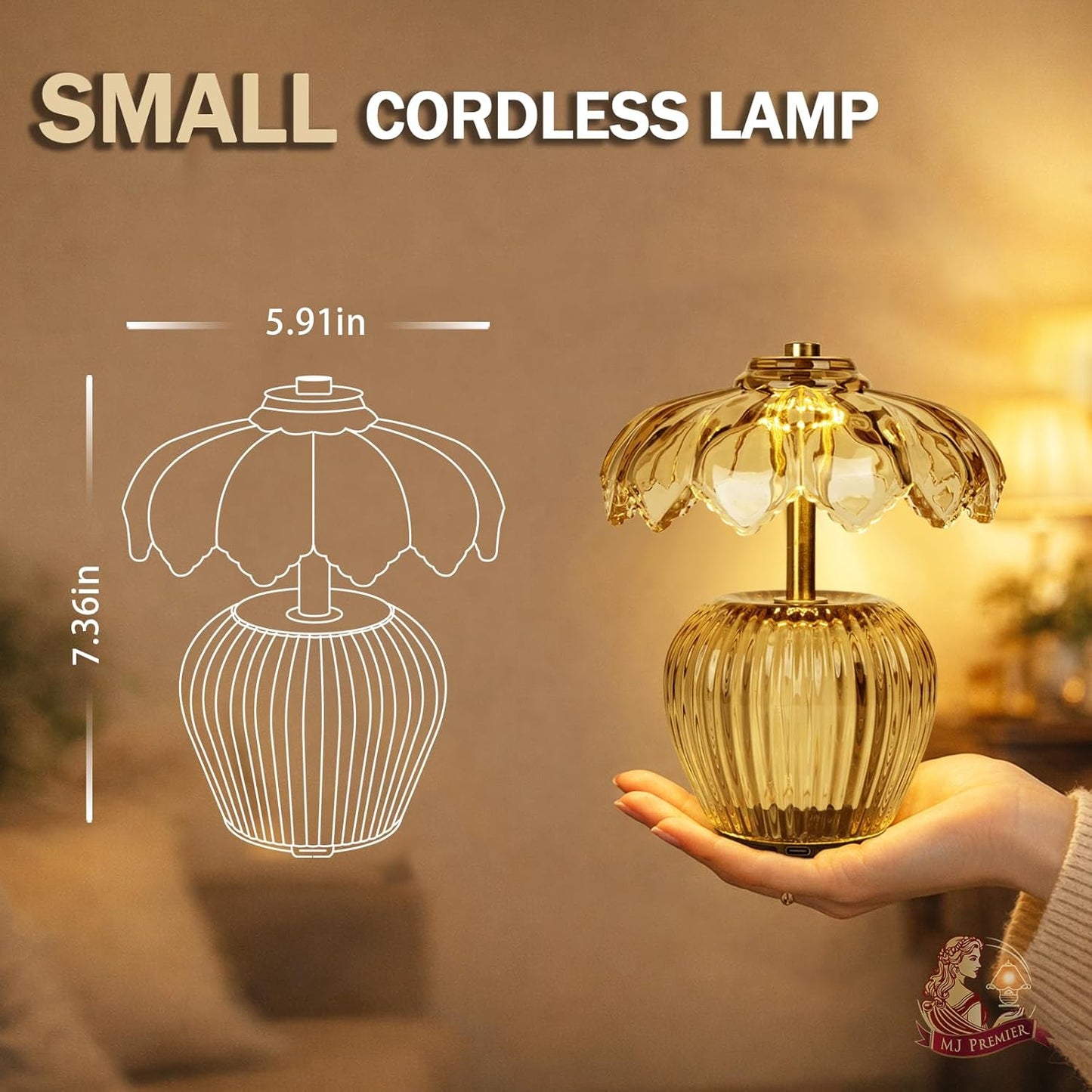 Rechargeable Table Lamp, Cordless Lamp with Timer, Crystal Glass Flower Lampshade, Small Table Lamps, Decorative Led Light for Bedroom Living Room Shelf (Yellow)