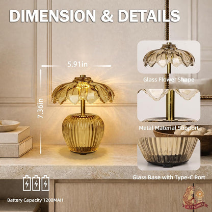 Rechargeable Table Lamp, Cordless Lamp with Timer, Crystal Glass Flower Lampshade, Small Table Lamps, Decorative Led Light for Bedroom Living Room Shelf (Yellow)