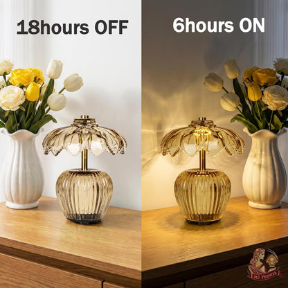 Rechargeable Table Lamp, Cordless Lamp with Timer, Crystal Glass Flower Lampshade, Small Table Lamps, Decorative Led Light for Bedroom Living Room Shelf (Yellow)