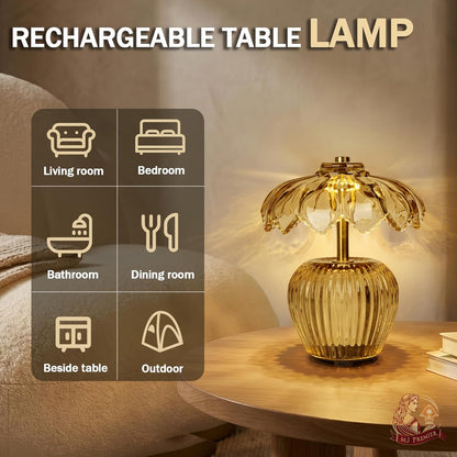 Rechargeable Table Lamp, Cordless Lamp with Timer, Crystal Glass Flower Lampshade, Small Table Lamps, Decorative Led Light for Bedroom Living Room Shelf (Yellow)