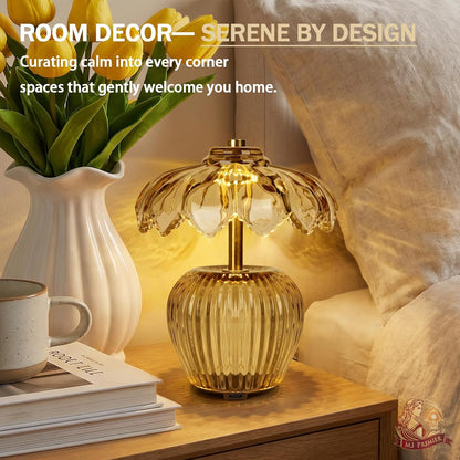 Rechargeable Table Lamp, Cordless Lamp with Timer, Crystal Glass Flower Lampshade, Small Table Lamps, Decorative Led Light for Bedroom Living Room Shelf (Yellow)