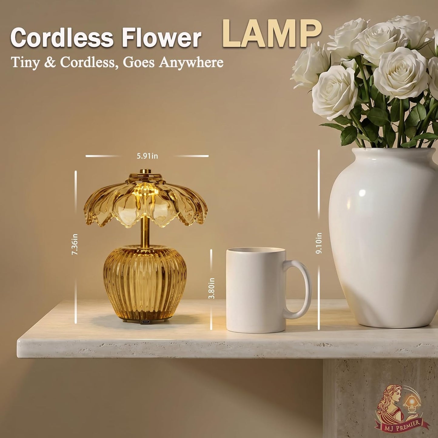 Rechargeable Table Lamp, Cordless Lamp with Timer, Crystal Glass Flower Lampshade, Small Table Lamps, Decorative Led Light for Bedroom Living Room Shelf (Yellow)
