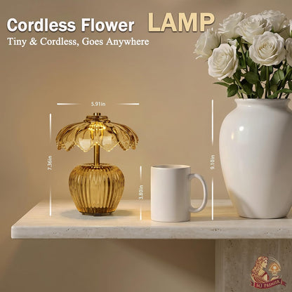 Rechargeable Table Lamp, Cordless Lamp with Timer, Crystal Glass Flower Lampshade, Small Table Lamps, Decorative Led Light for Bedroom Living Room Shelf (Yellow)