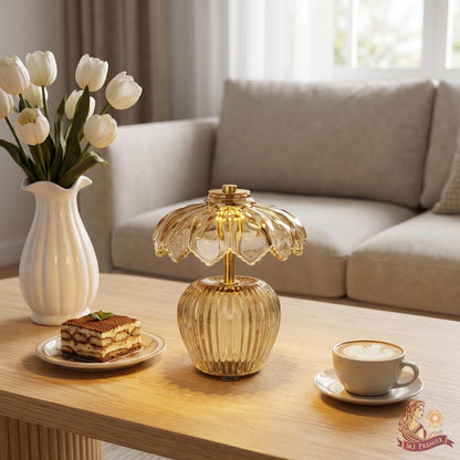 Rechargeable Table Lamp, Cordless Lamp with Timer, Crystal Glass Flower Lampshade, Small Table Lamps, Decorative Led Light for Bedroom Living Room Shelf (Yellow)