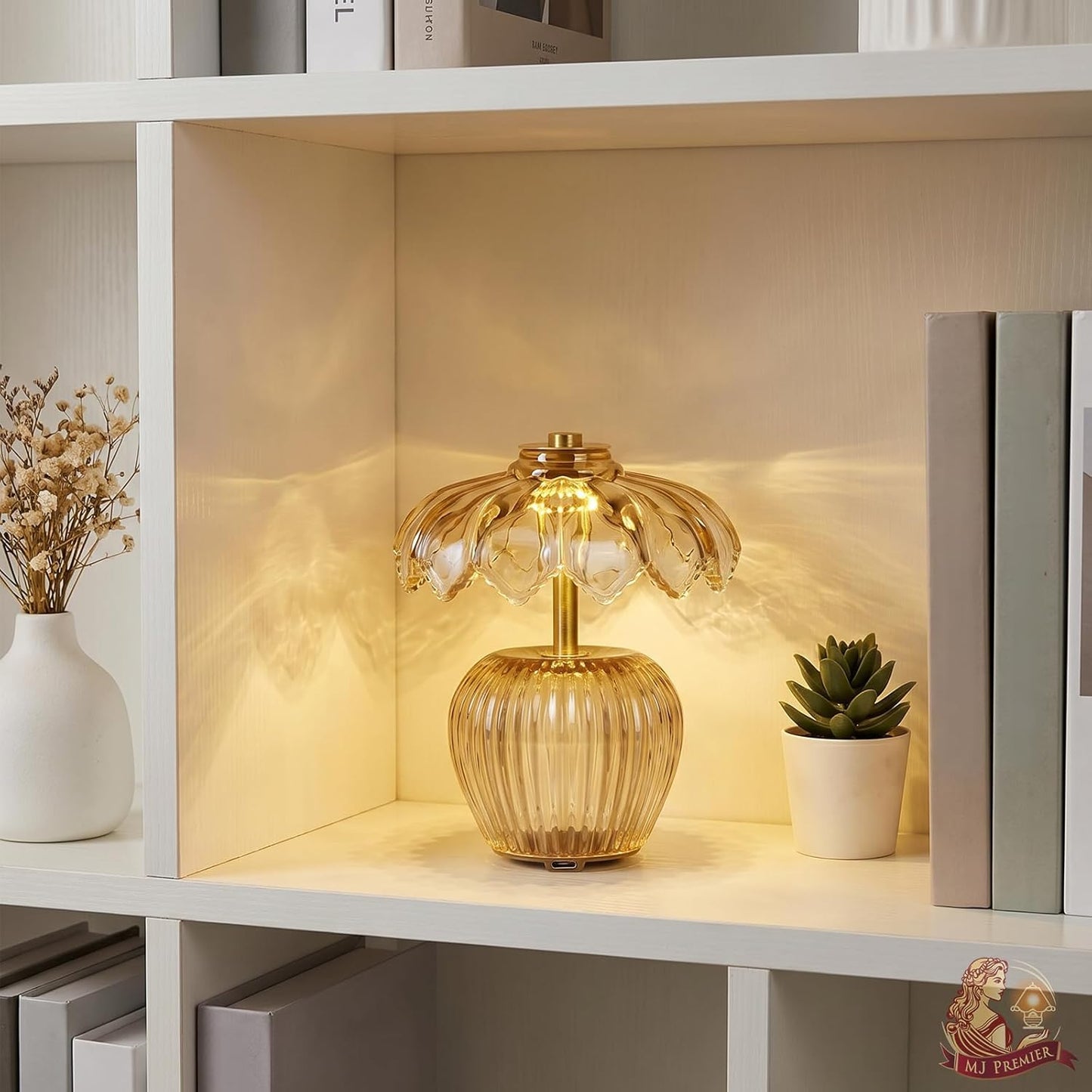 Rechargeable Table Lamp, Cordless Lamp with Timer, Crystal Glass Flower Lampshade, Small Table Lamps, Decorative Led Light for Bedroom Living Room Shelf (Yellow)