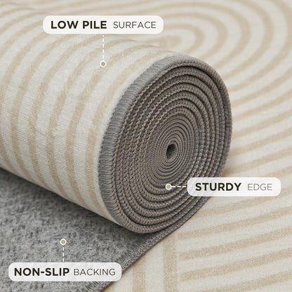 8×10 Area Rugs for Living Room, Non-Slip Modern Soft Washable Rug, Low Pile Thin Geometric Carpet for Bedroom, Dining Room, Home Office, Pet & Child Friendly, Beige, Light Yellow