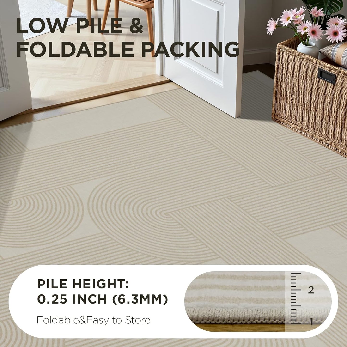 8×10 Area Rugs for Living Room, Non-Slip Modern Soft Washable Rug, Low Pile Thin Geometric Carpet for Bedroom, Dining Room, Home Office, Pet & Child Friendly, Beige, Light Yellow