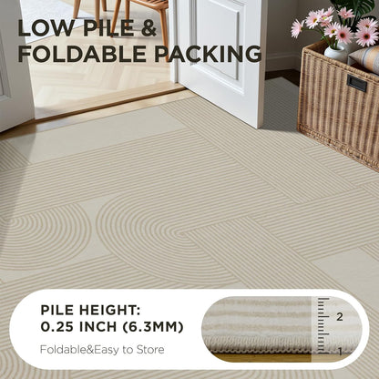 8×10 Area Rugs for Living Room, Non-Slip Modern Soft Washable Rug, Low Pile Thin Geometric Carpet for Bedroom, Dining Room, Home Office, Pet & Child Friendly, Beige, Light Yellow