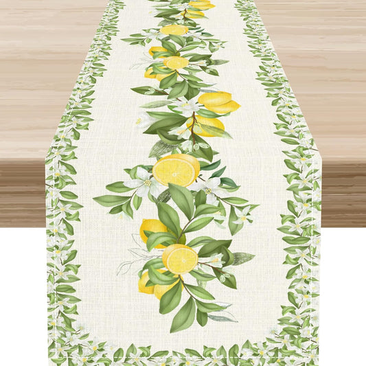Lemon Floral Table Runner,Rustic Seasonal Floral Leaves Beige Watercolor Fruit Table Center Decor for Home Kitchen and Dining Outdoor Holiday Country Party Table Decorations, 13"x36"