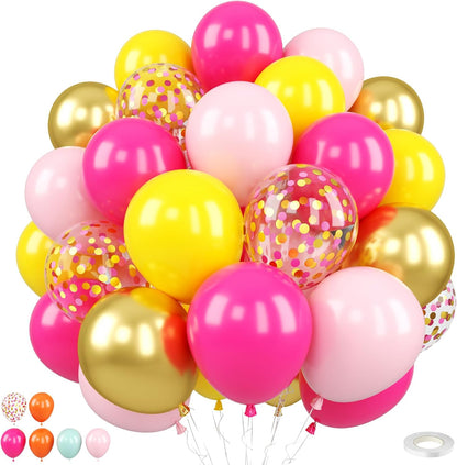 Pink Yellow Balloons for Girls Party Decor | 12 Inch Pink Yellow Gold Confetti Balloons for Birthday Baby Shower Wedding Decorations