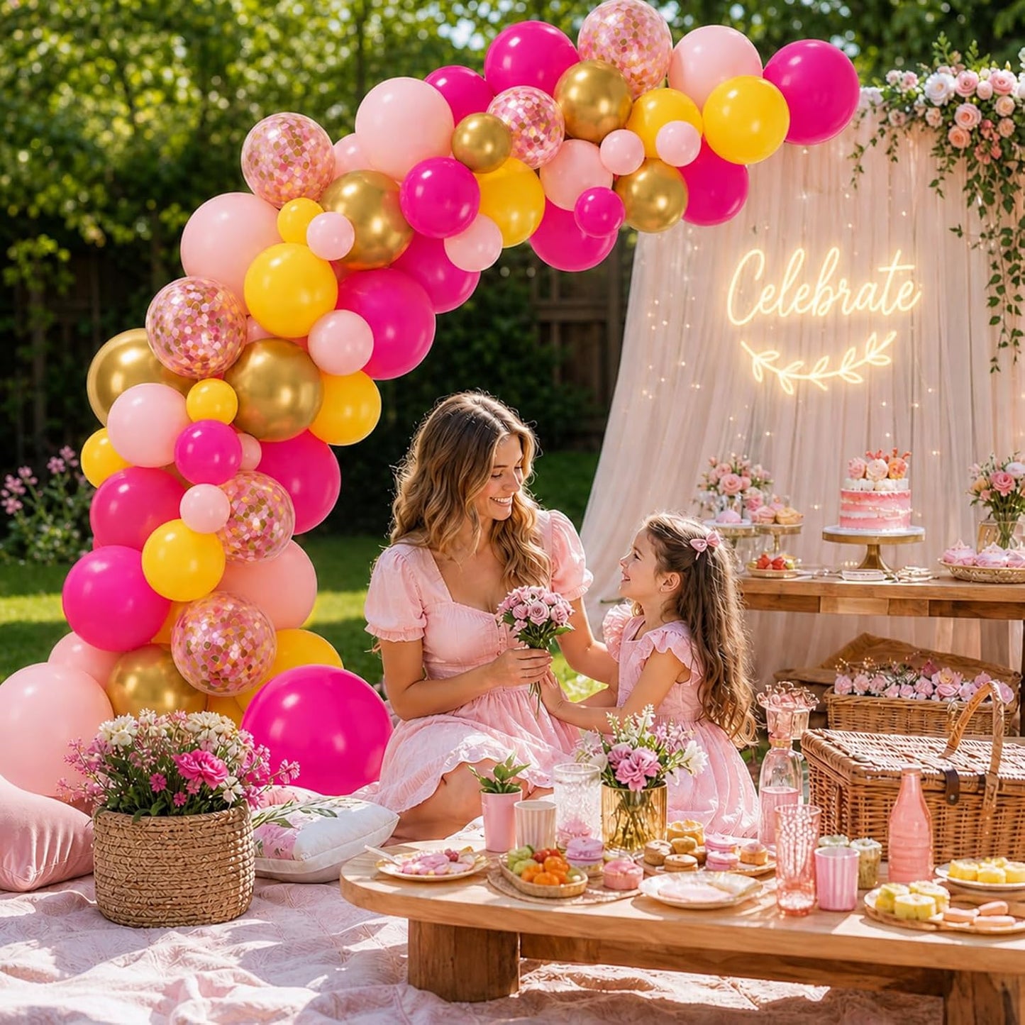 Pink Yellow Balloons for Girls Party Decor | 12 Inch Pink Yellow Gold Confetti Balloons for Birthday Baby Shower Wedding Decorations