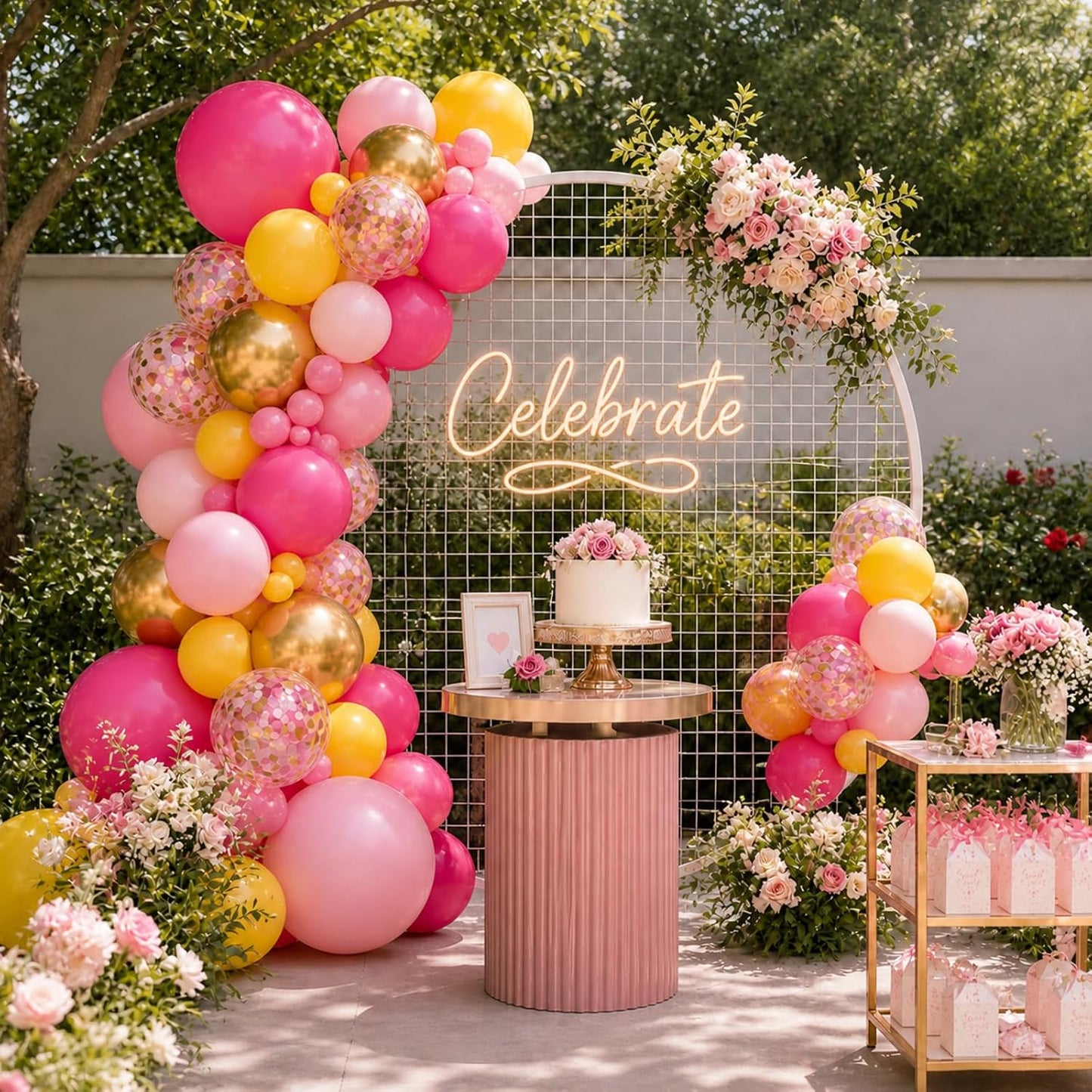 Pink Yellow Balloons for Girls Party Decor | 12 Inch Pink Yellow Gold Confetti Balloons for Birthday Baby Shower Wedding Decorations