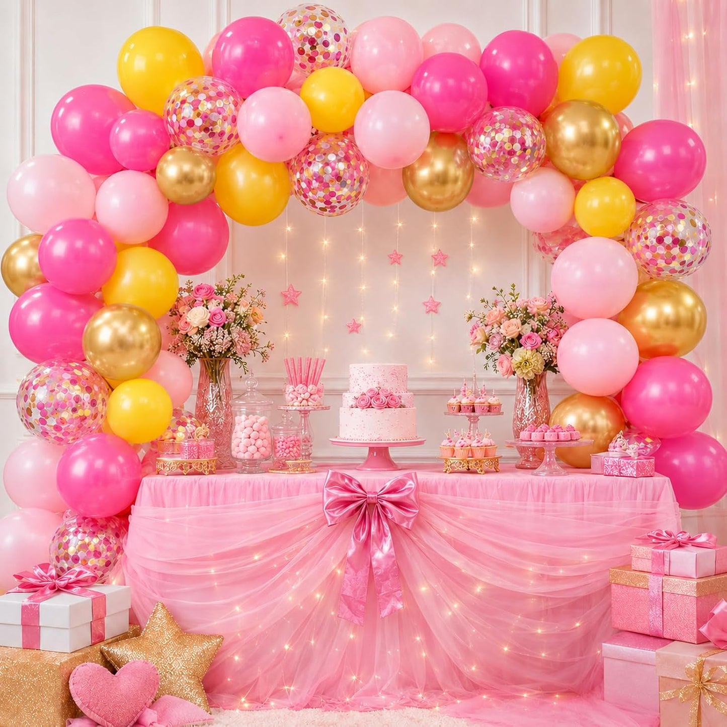 Pink Yellow Balloons for Girls Party Decor | 12 Inch Pink Yellow Gold Confetti Balloons for Birthday Baby Shower Wedding Decorations