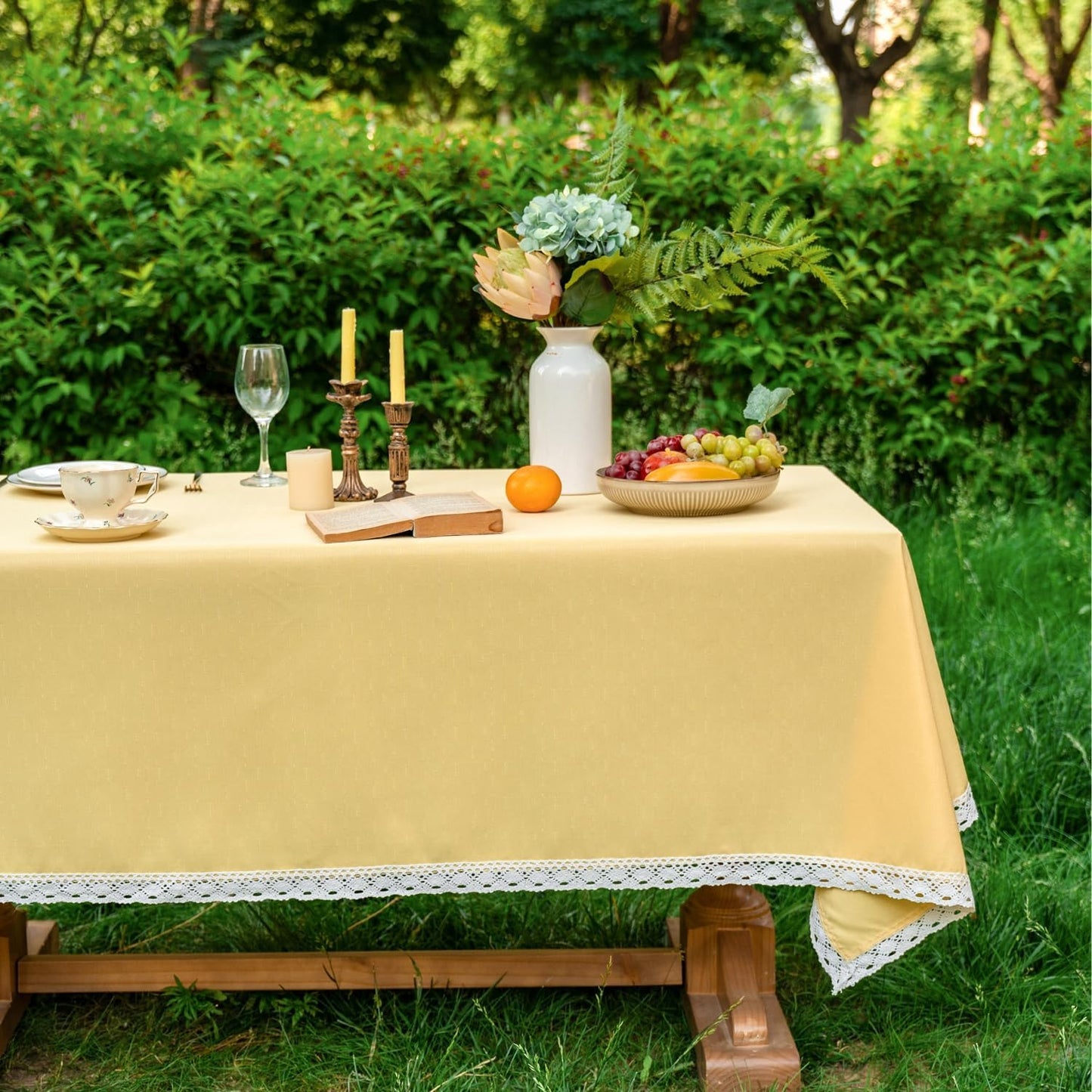 Faux Linen Tablecloth with Lace Trim - Waterproof/Spill Proof/Stain Resistant/Wrinkle Free/Oil Proof - for Banquet, Parties,Dinner,Kitchen,Wedding,Holiday,Yellow, Rectangle 60x84Inch
